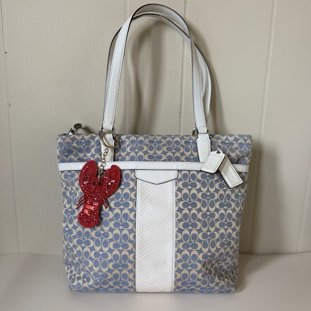 VTG Coach Chambray Signature Ivory Embossed Snakeskin Leather Tote Bag Y2K Prep